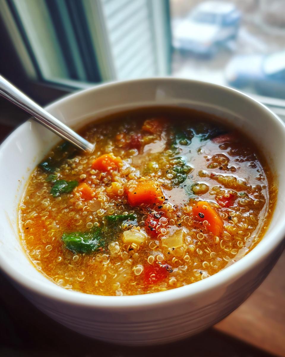 Close-up of a bowl of High-Protein Turkey & Quinoa Soup with vegetables and quinoa.