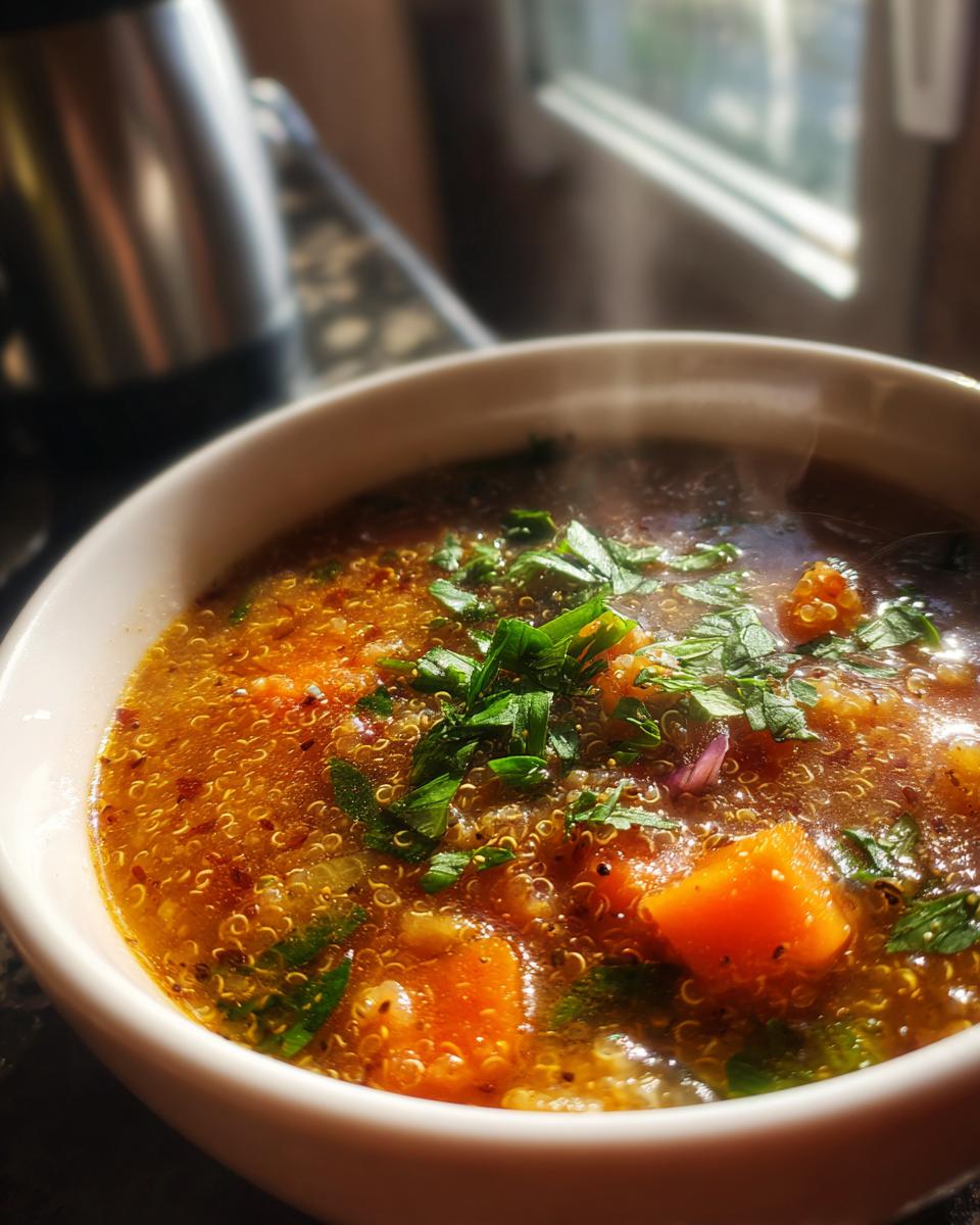 Close-up of a bowl of High-Protein Turkey & Quinoa Soup, garnished with fresh herbs.