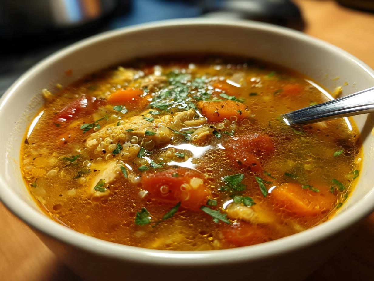 Close-up of a bowl of High-Protein Turkey & Quinoa Soup with carrots, tomatoes, and herbs.