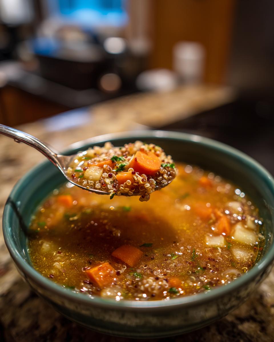 Close-up of a spoonful of High-Protein Turkey & Quinoa Soup, showing quinoa, carrots, and broth.