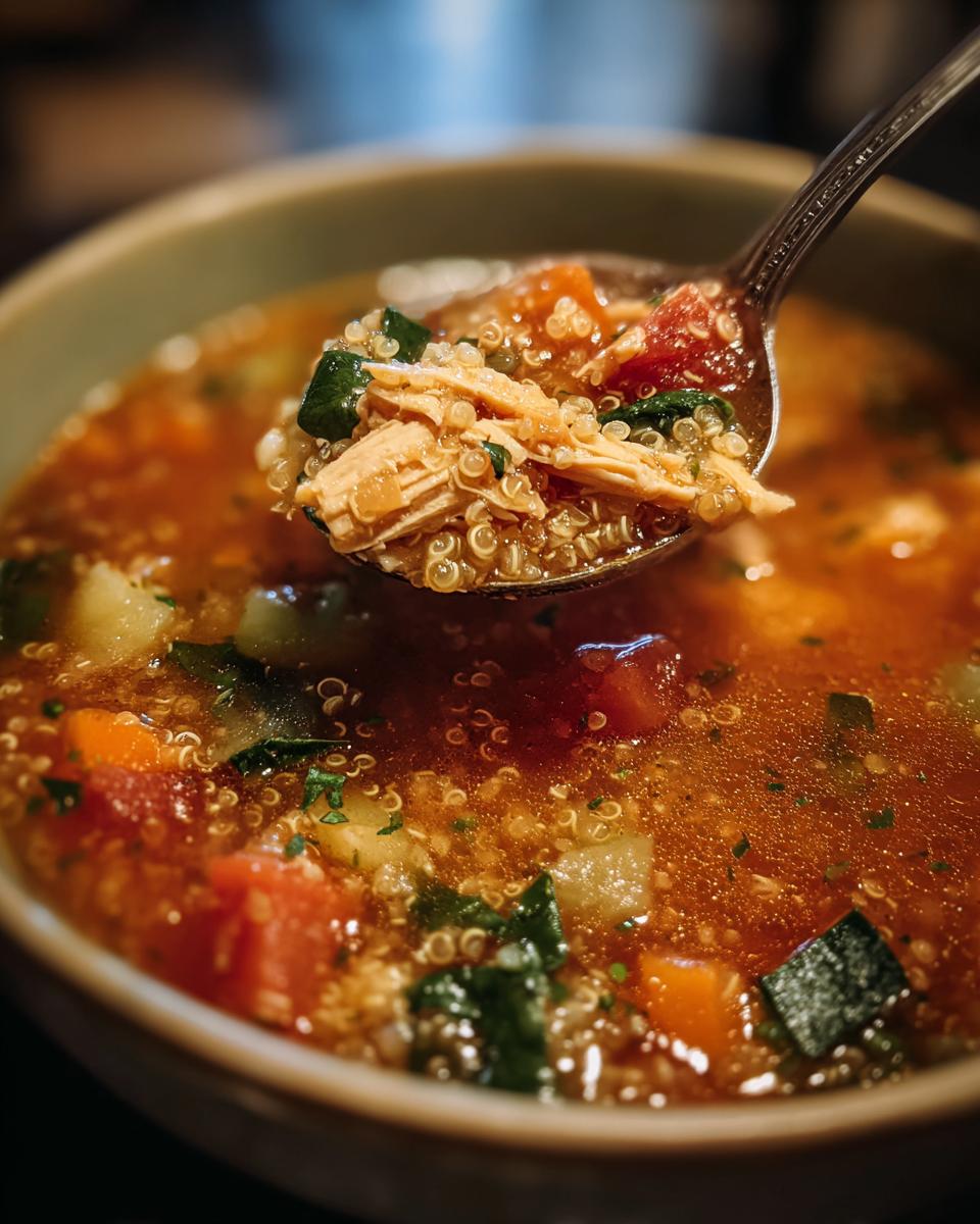 Close-up of a spoonful of High-Protein Turkey & Quinoa Soup, showing quinoa, turkey, and vegetables.