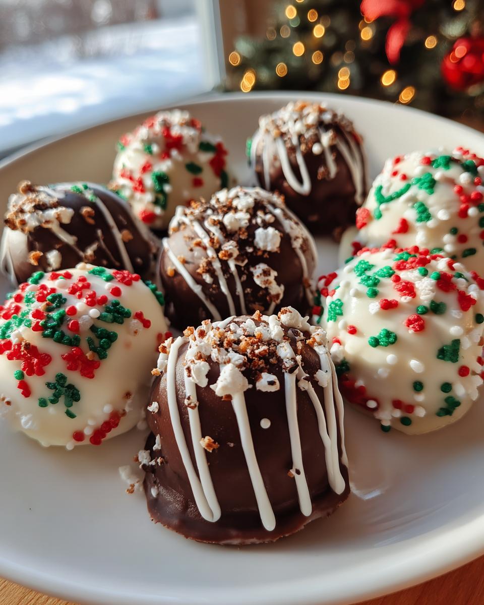 A plate of festive Holiday Ornament Oreo Truffles, some dipped in white chocolate with red and green sprinkles, others in dark chocolate with white drizzle and cookie crumbs.