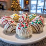 A festive platter of Holiday Ornament Oreo Truffles, decorated with white chocolate drizzle and colorful sprinkles, with a blurred Christmas tree in the background.