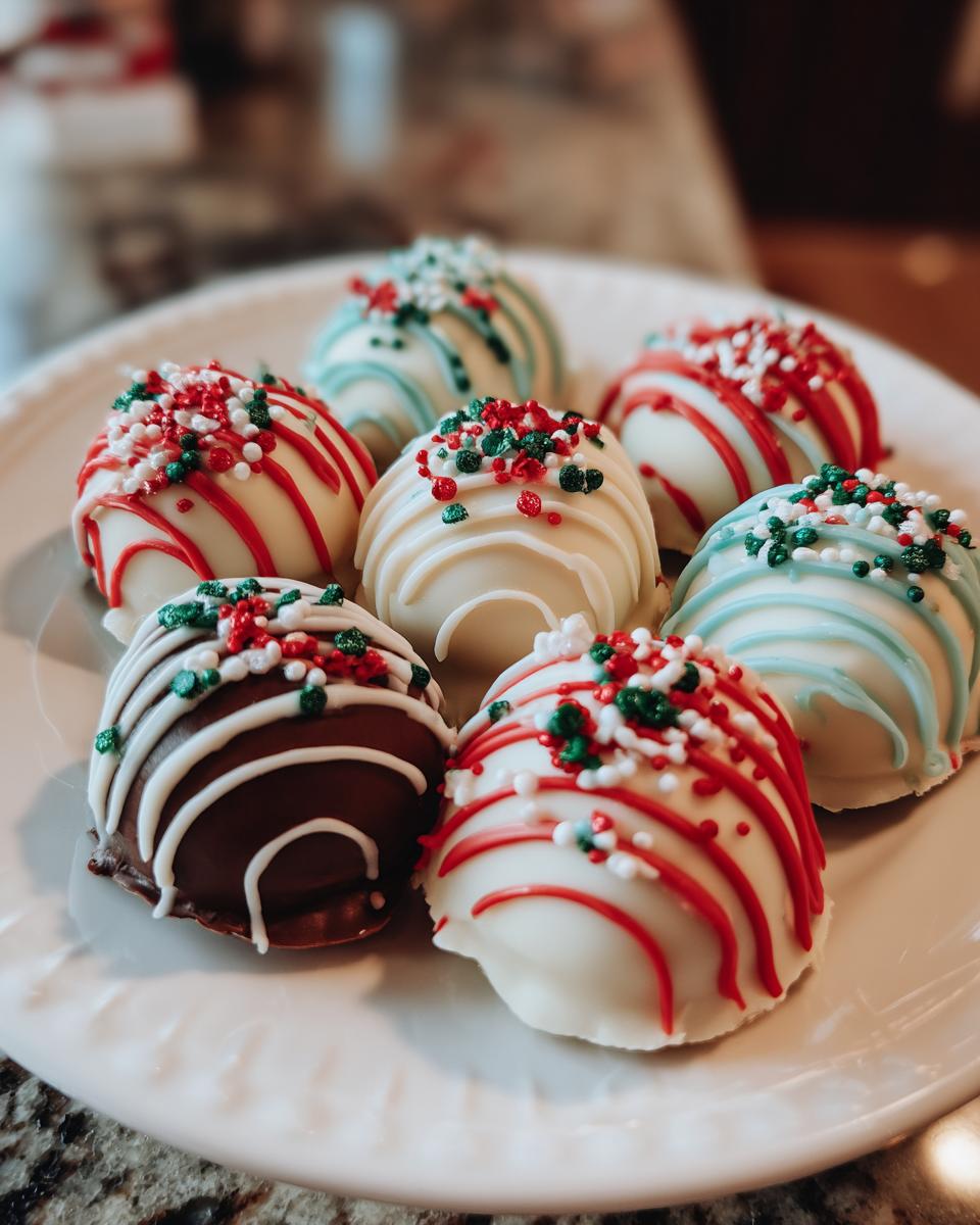 A festive arrangement of Holiday Ornament Oreo Truffles, decorated with white, red, and blue drizzles and colorful sprinkles.