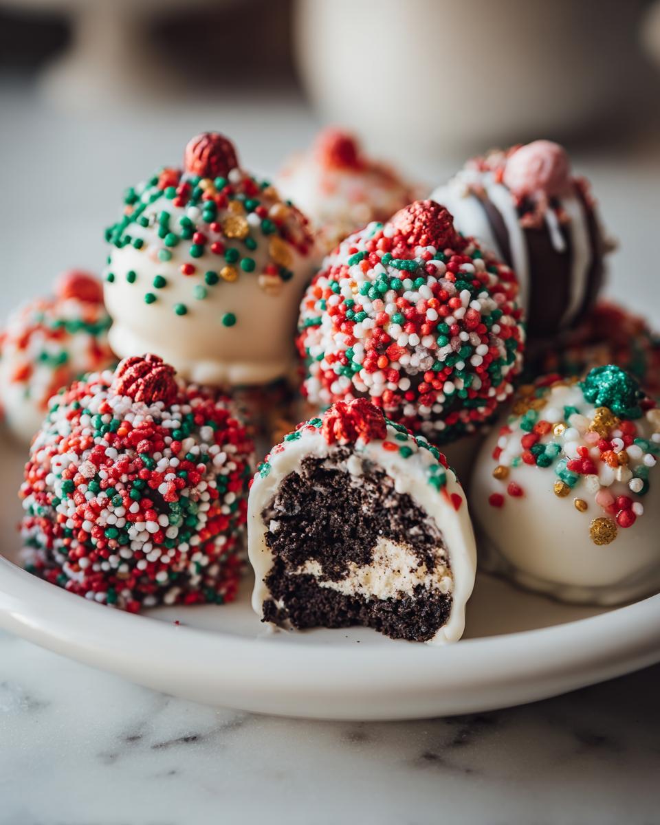 A plate of festive Holiday Ornament Oreo Truffles, one is cut in half showing the dark cookie and cream filling.
