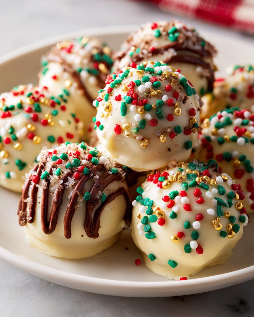 A close-up of Holiday Ornament Oreo Truffles decorated with white chocolate, festive sprinkles, and chocolate drizzle.