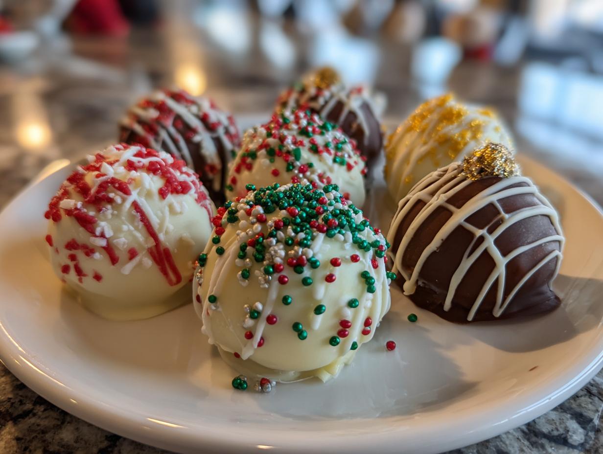 A festive arrangement of Holiday Ornament Oreo Truffles, decorated with white and dark chocolate drizzles and colorful sprinkles.