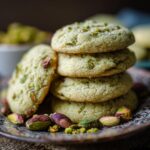A stack of delicious Holiday Pistachio Pudding Cookies with pistachios scattered around.