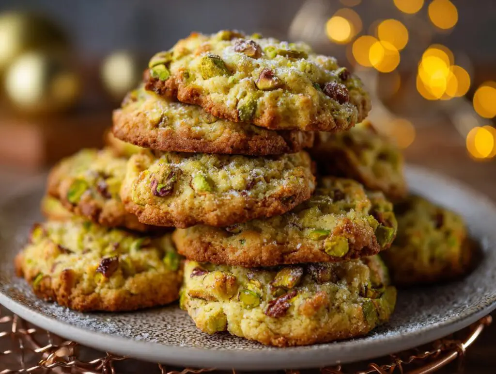 A stack of delicious Holiday Pistachio Pudding Cookies on a plate, with pistachios and powdered sugar.