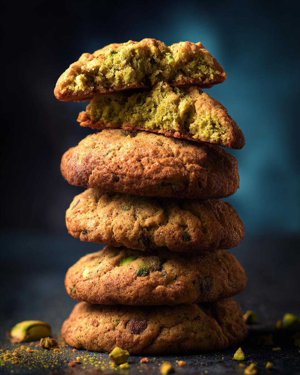 A stack of freshly baked Holiday Pistachio Pudding Cookies, showing their texture and pistachio pieces.
