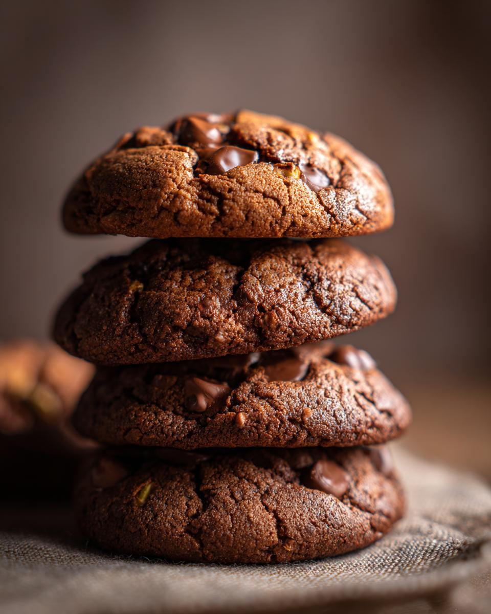A stack of four delicious Holiday Pistachio Pudding Cookies with chocolate chips.