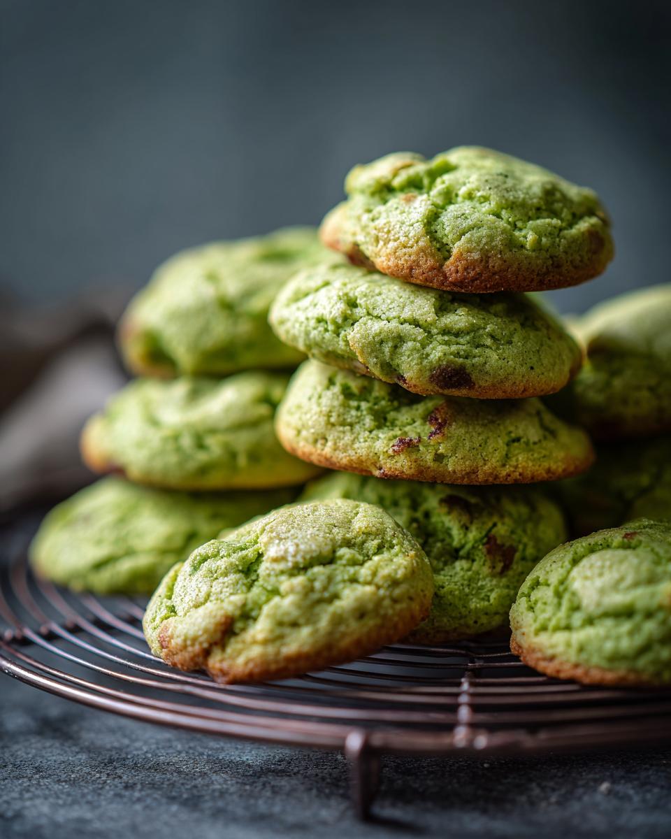 Pile of freshly baked Holiday Pistachio Pudding Cookies on a cooling rack.