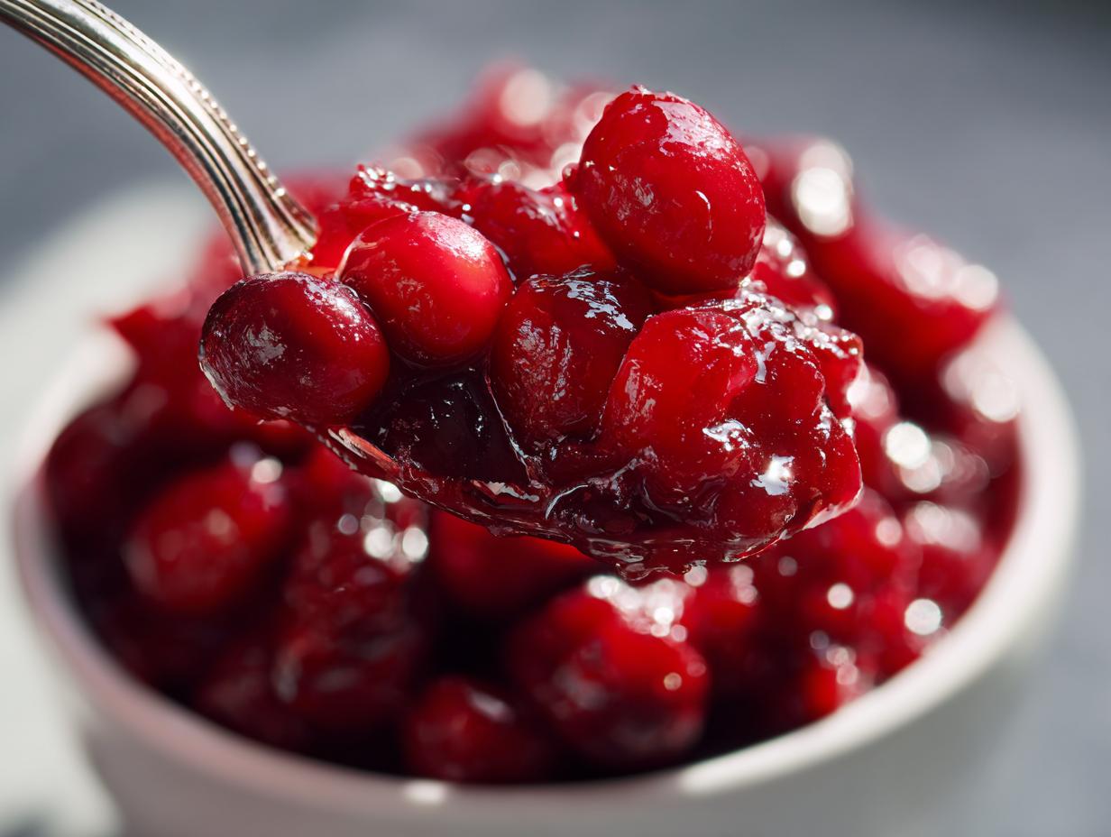 Close-up of Homemade Cranberry Sauce on a spoon, showing the texture and color of the fresh cranberries.