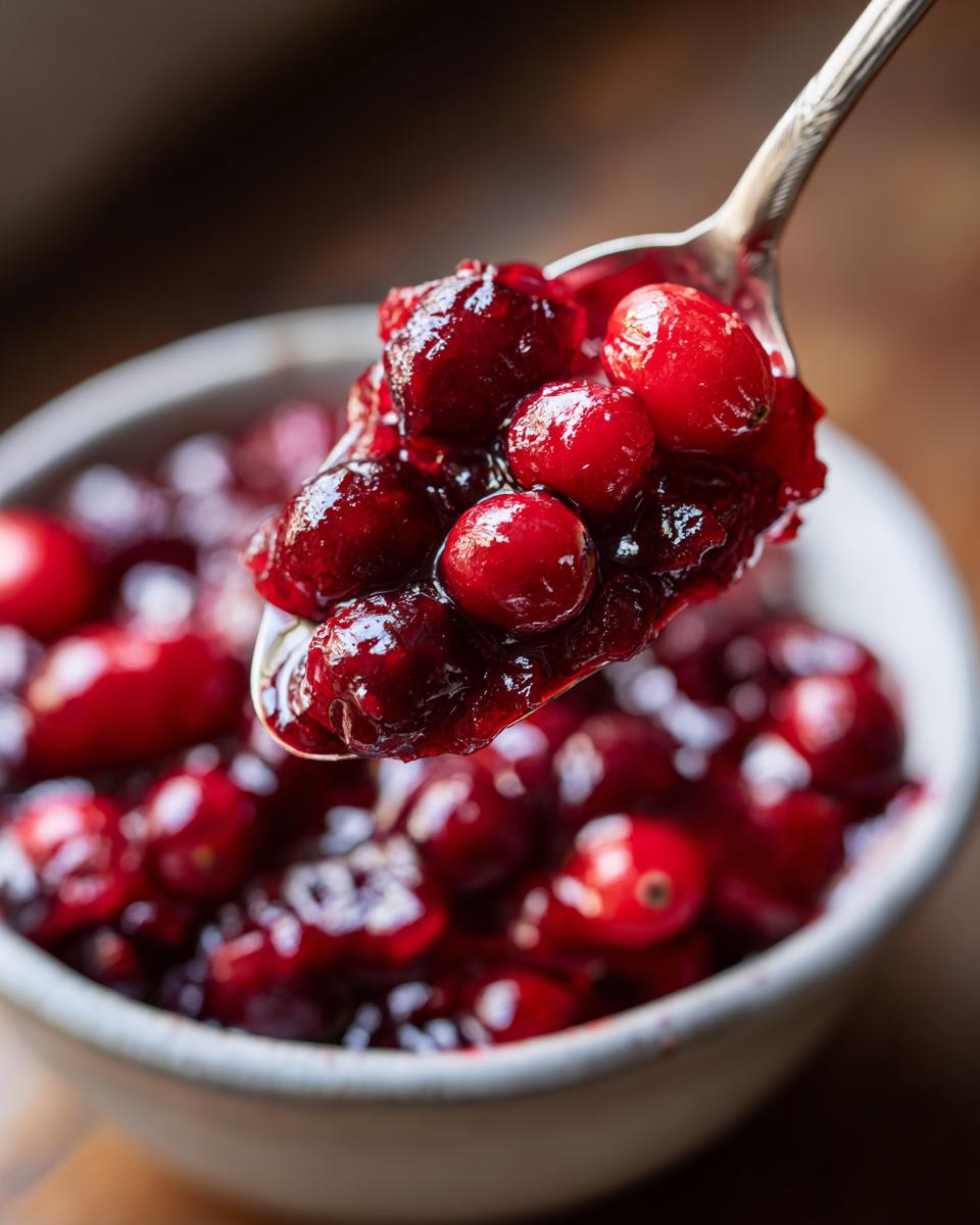 Close-up of Homemade Cranberry Sauce on a spoon, showing the texture and color of the sauce and cranberries.
