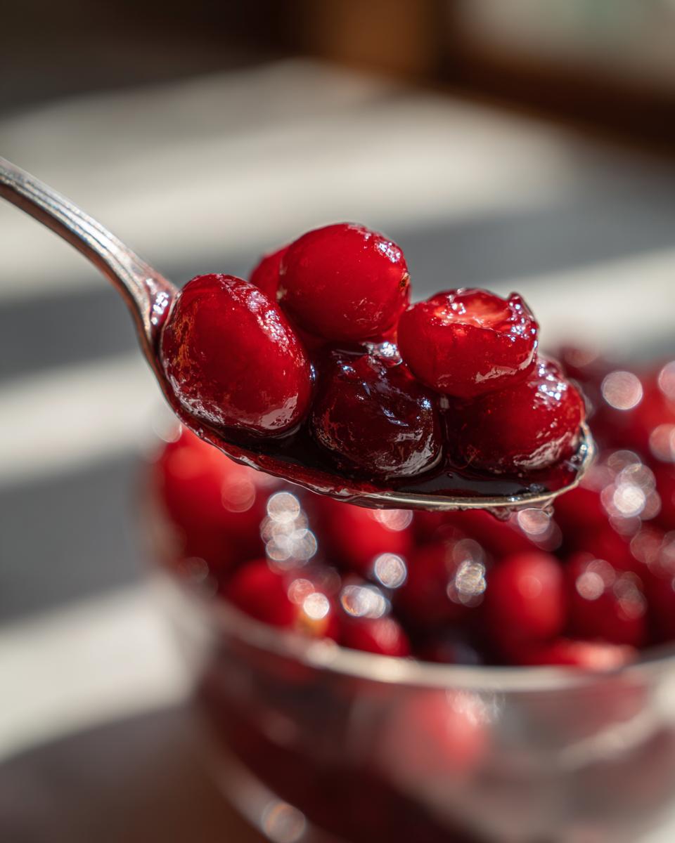 Close-up of a spoonful of Homemade Cranberry Sauce, showing the texture and color of the sauce.