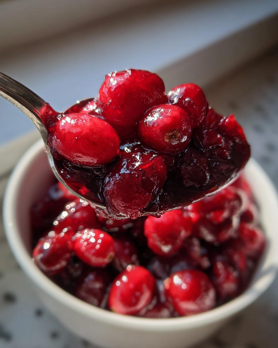 Close-up of a spoonful of Homemade Cranberry Sauce, showing the texture and color.