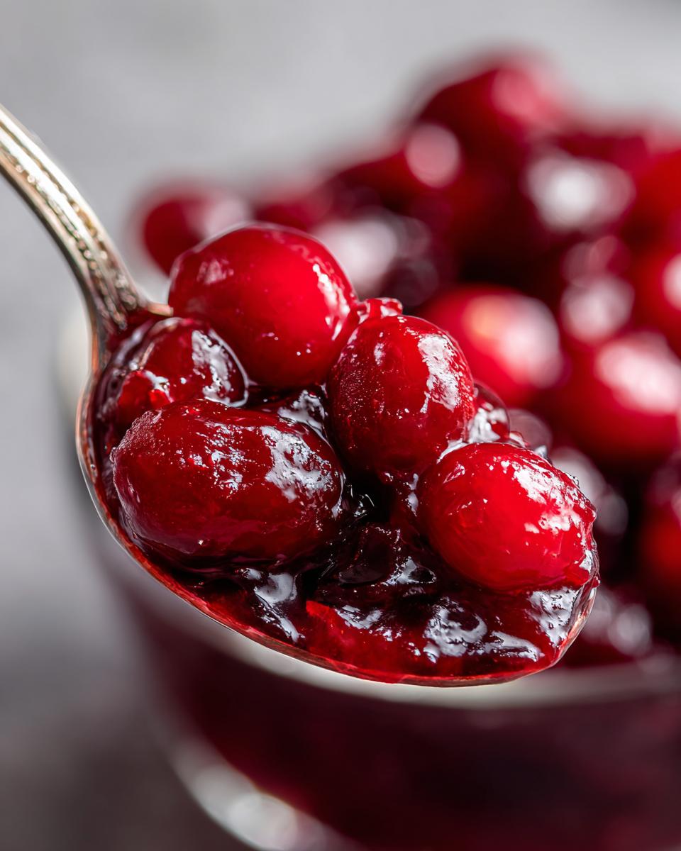 Close-up of a spoonful of Homemade Cranberry Sauce, showing the texture and color.