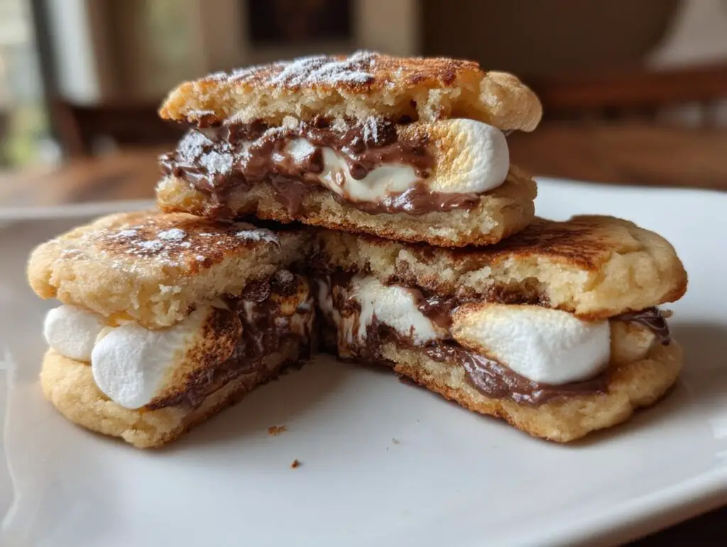 A stack of delicious Hot Chocolate Stuffed Sandwich Cookies on a white plate, filled with marshmallow.