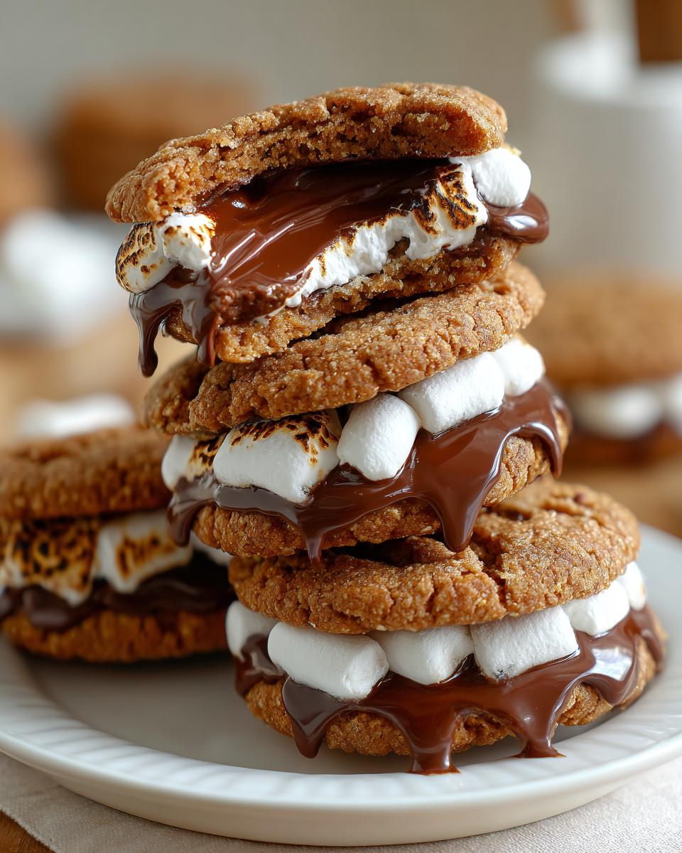 Close-up of a stack of Hot Chocolate Stuffed Sandwich Cookies with melted chocolate and marshmallows.