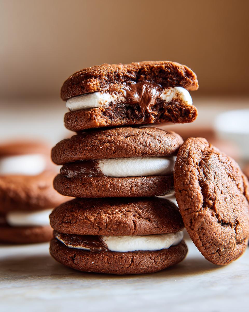 Close-up of a stack of Hot Chocolate Stuffed Sandwich Cookies with marshmallow filling.