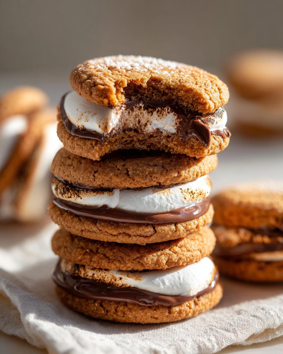Close-up of a stack of Hot Chocolate Stuffed Sandwich Cookies with marshmallow and chocolate filling.