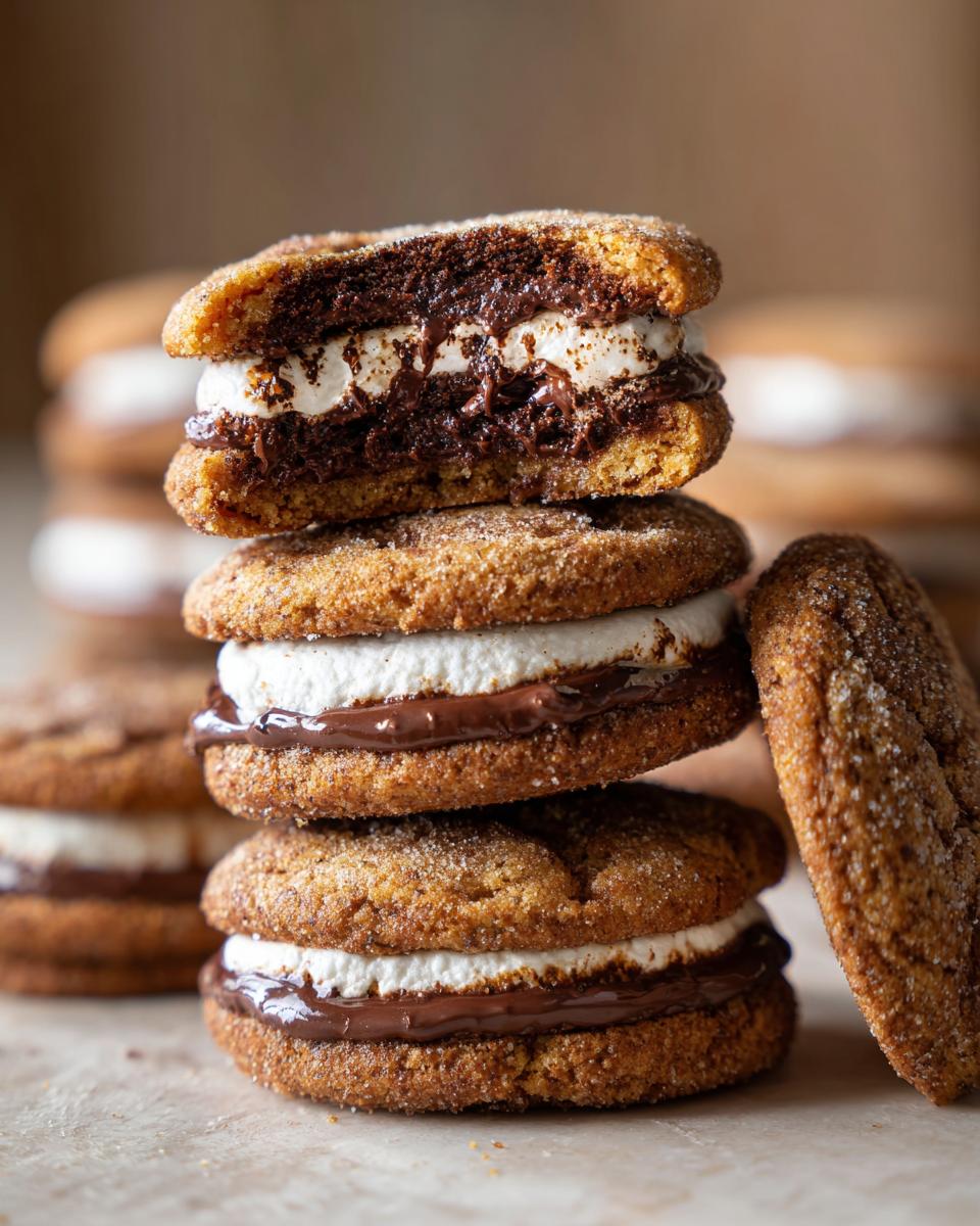 Close-up of a stack of Hot Chocolate Stuffed Sandwich Cookies, showing marshmallow and chocolate filling.