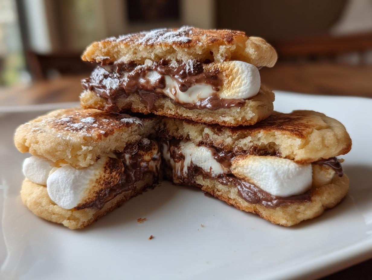 A stack of delicious Hot Chocolate Stuffed Sandwich Cookies on a white plate, filled with marshmallow.