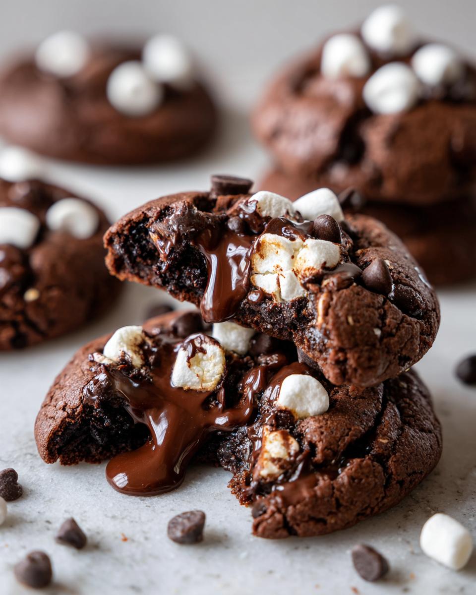 Perfect Hot Cocoa Cookies: 10 amazing bites 10 Close-up of two Hot Cocoa Cookies stacked, with melted marshmallows and rich chocolate sauce oozing out.