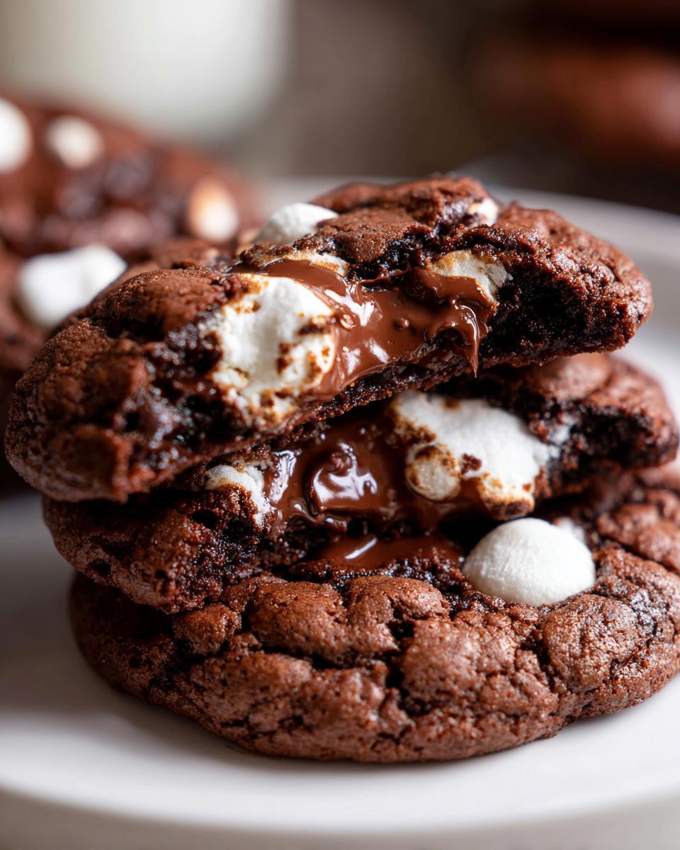 Perfect Hot Cocoa Cookies: 10 amazing bites 8 Close-up of two stacked Hot Cocoa Cookies, with melted chocolate and marshmallows oozing out.
