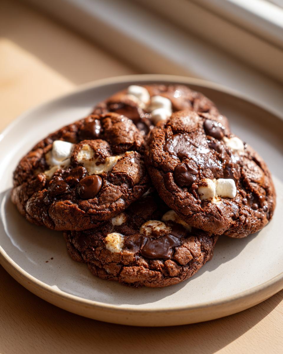 Amazing Hot Cocoa Cookies: 10-Minute Magic 7 Close-up of three decadent Hot Cocoa Cookies topped with melted marshmallows and chocolate chips on a plate.