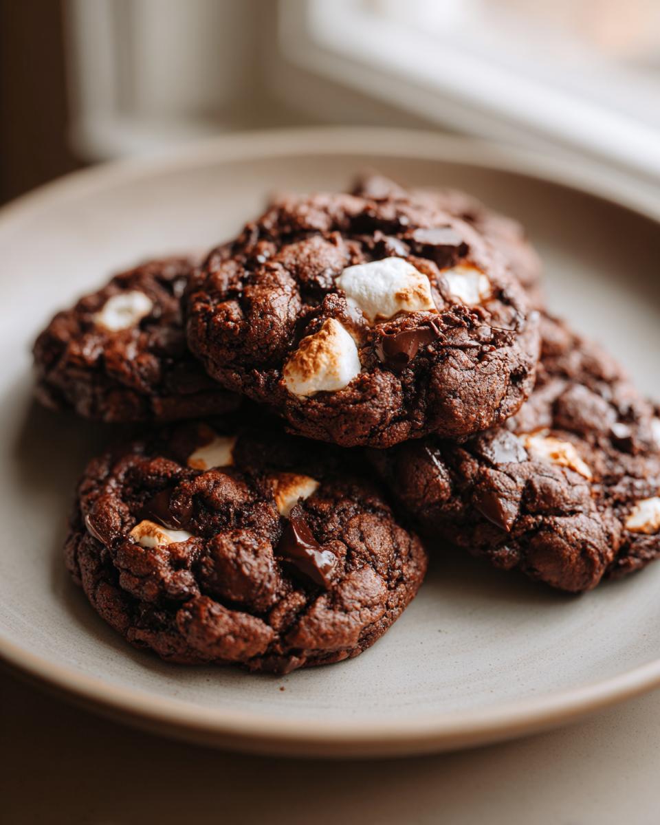 Amazing Hot Cocoa Cookies: 10-Minute Magic 8 Close-up of rich chocolate Hot Cocoa Cookies studded with melted marshmallows and chocolate chips on a plate.