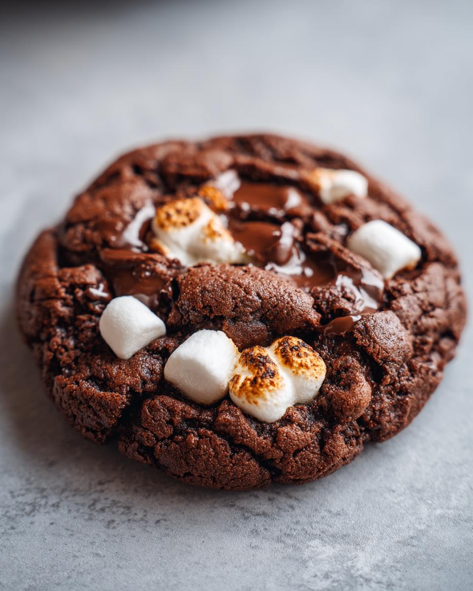 Perfect Hot Cocoa Cookies: 10 amazing bites 7 Close-up of a rich chocolate Hot Cocoa Cookie topped with melted chocolate chips and toasted marshmallows.