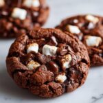 Close-up of decadent Hot Cocoa Cookies topped with melted chocolate chips and mini marshmallows.