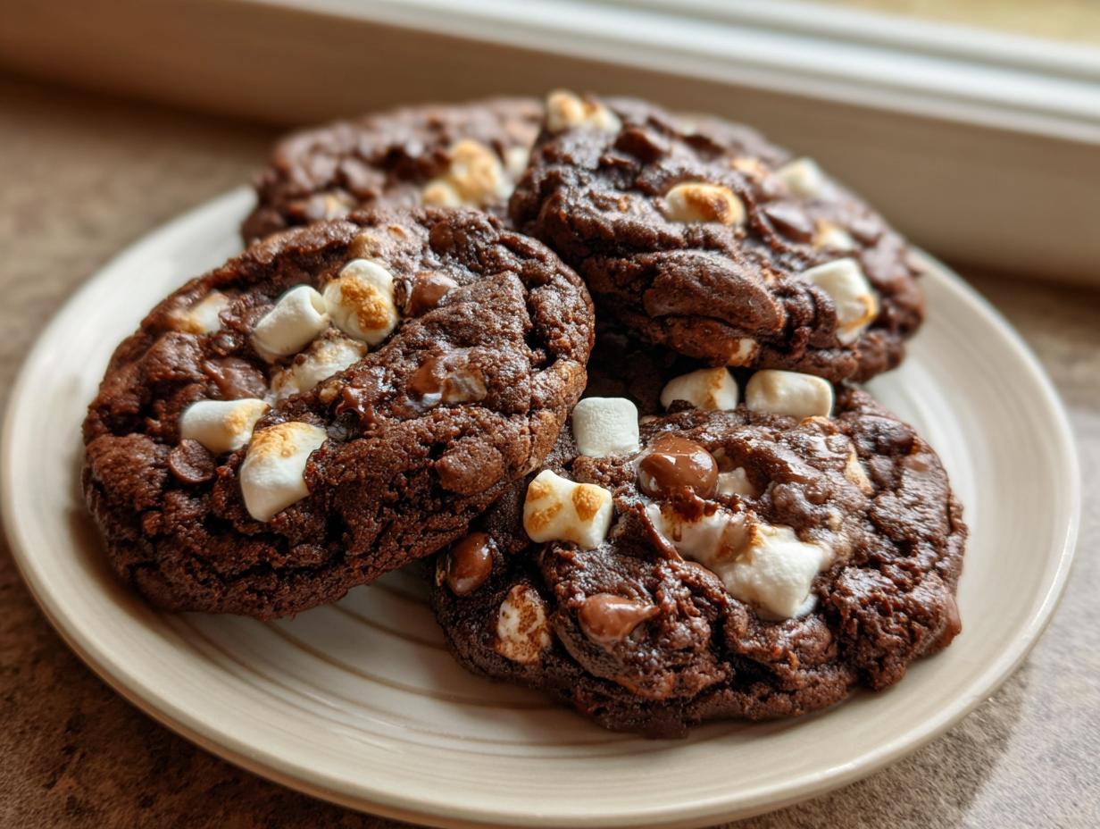 Close-up of rich chocolate Hot Cocoa Cookies topped with melted marshmallows and chocolate chips on a plate.