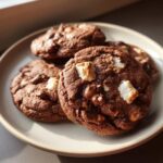 Close-up of rich chocolate Hot Cocoa Cookies topped with melted marshmallows and chocolate chips on a plate.