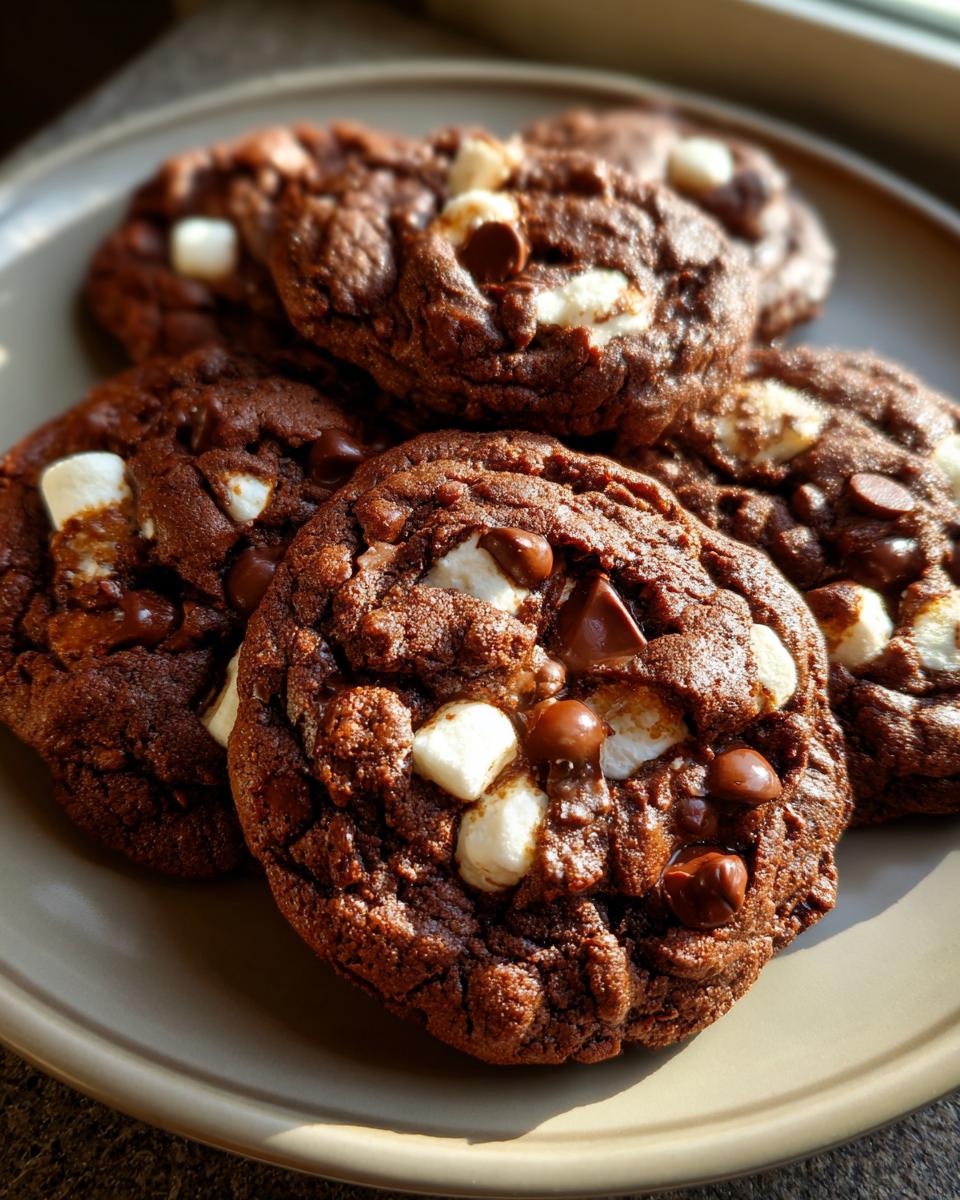 Amazing Hot Cocoa Cookies: 10-Minute Magic 9 Close-up of rich, dark chocolate Hot Cocoa Cookies studded with melted marshmallows and chocolate chips.