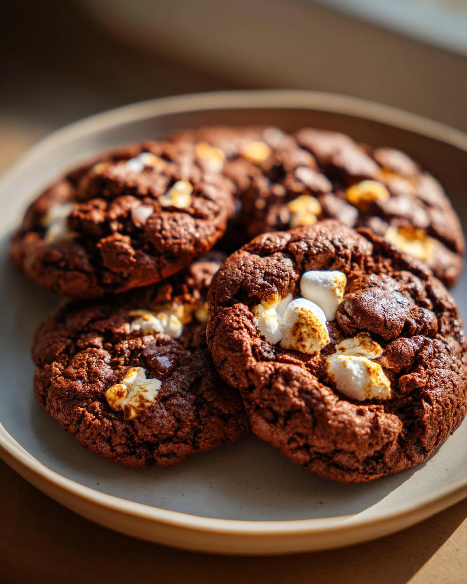 Amazing Hot Cocoa Cookies: 10-Minute Magic 10 Close-up of rich chocolate Hot Cocoa Cookies topped with melted marshmallows and chocolate chips.