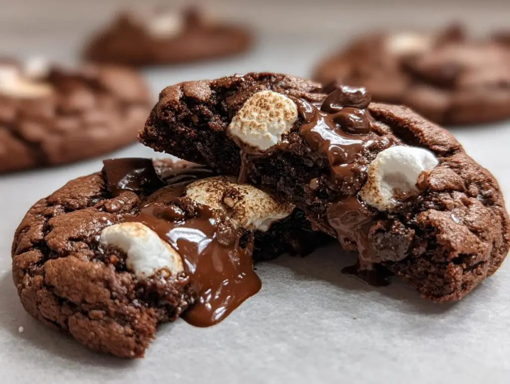 Close-up of a broken Hot Cocoa Cookie revealing gooey melted chocolate and marshmallows.