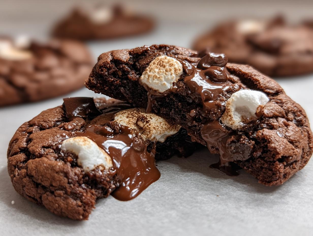 Close-up of a broken Hot Cocoa Cookie revealing gooey melted chocolate and marshmallows.
