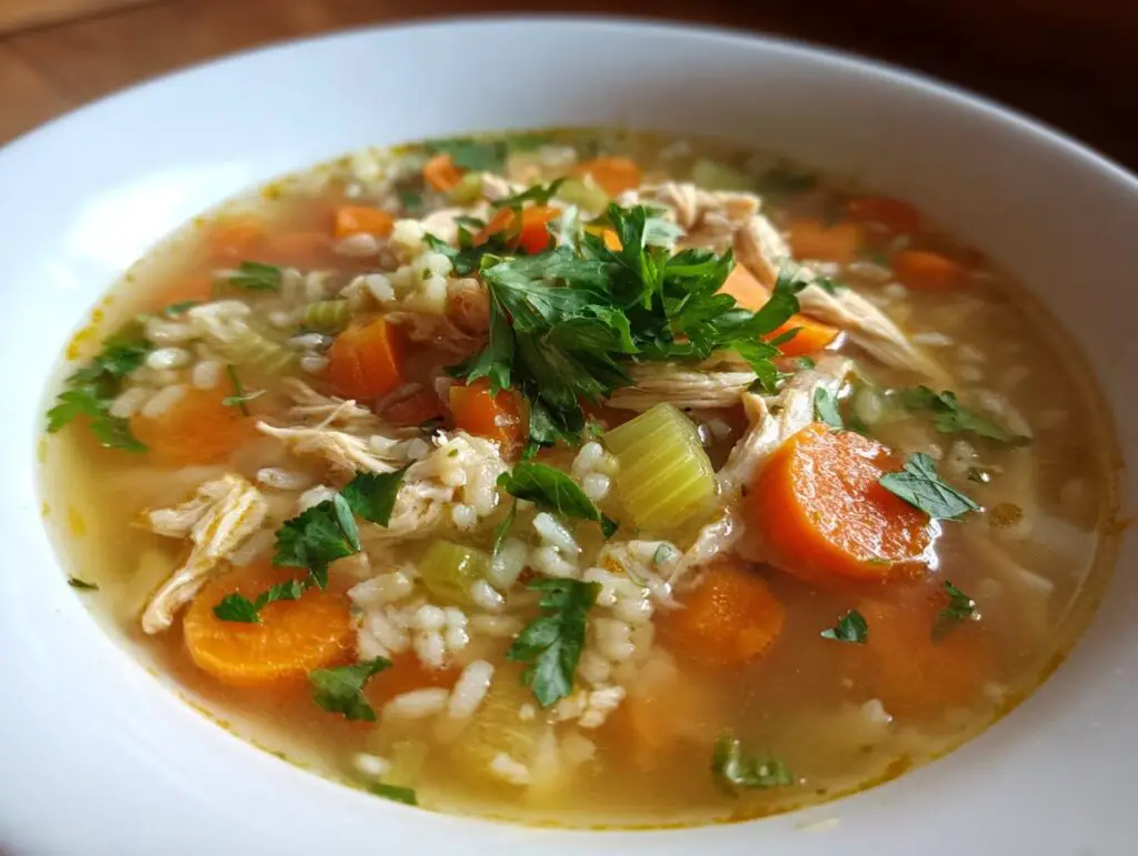 Close-up of a bowl of Immune-Boosting Chicken & Ginger Soup with carrots, rice, and herbs.