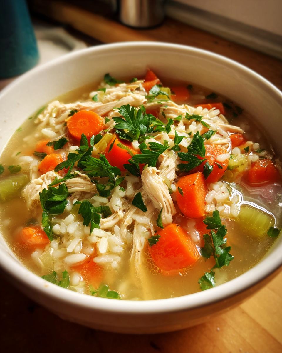 Close-up of a bowl of Immune-Boosting Chicken & Ginger Soup with carrots, rice, and parsley.