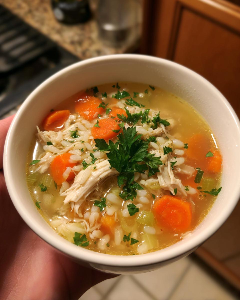 Close-up of a bowl of Immune-Boosting Chicken & Ginger Soup with carrots, rice, and herbs.