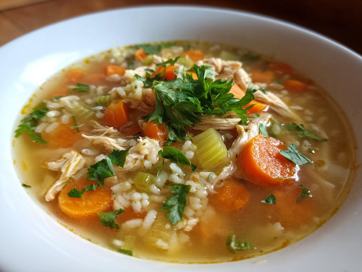 Close-up of a bowl of Immune-Boosting Chicken & Ginger Soup with carrots, rice, and herbs.