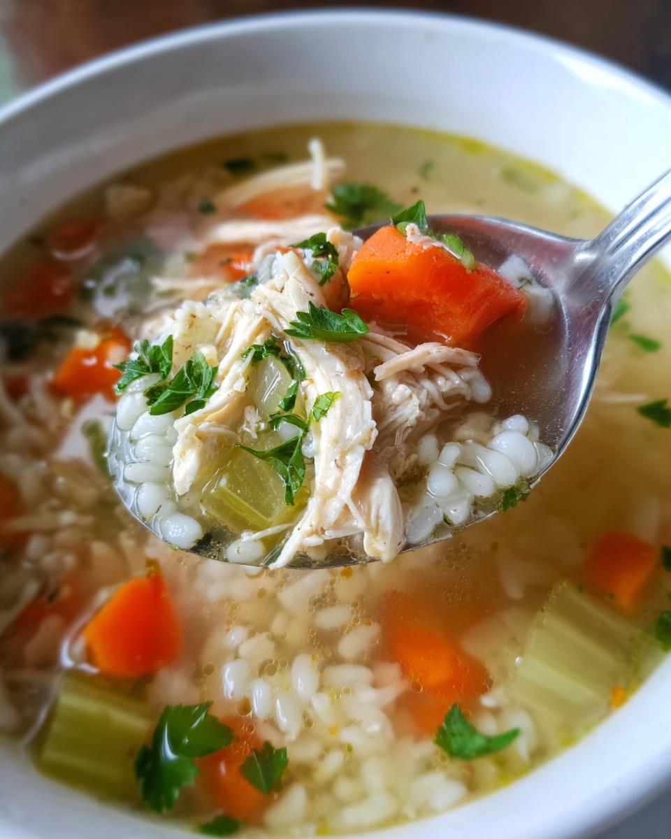 Close-up of Immune-Boosting Chicken & Ginger Soup on a spoon, showing chicken, carrots, and rice.