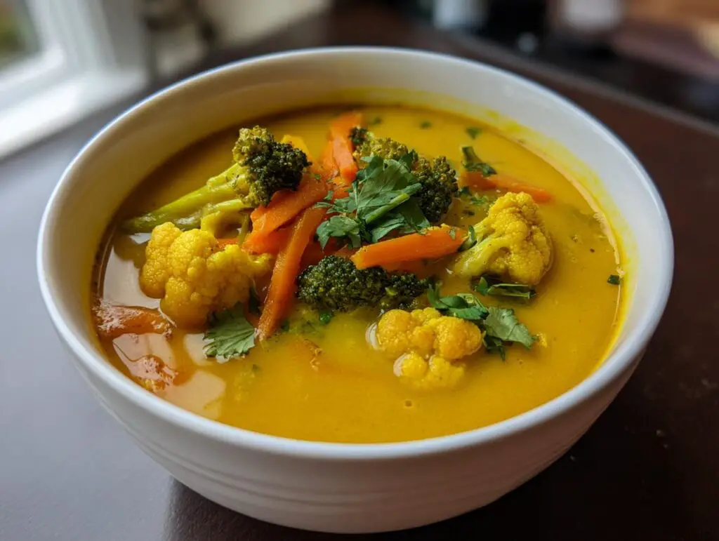 Close-up of a bowl of Immune-Boosting Turmeric Veggie Soup with vegetables.