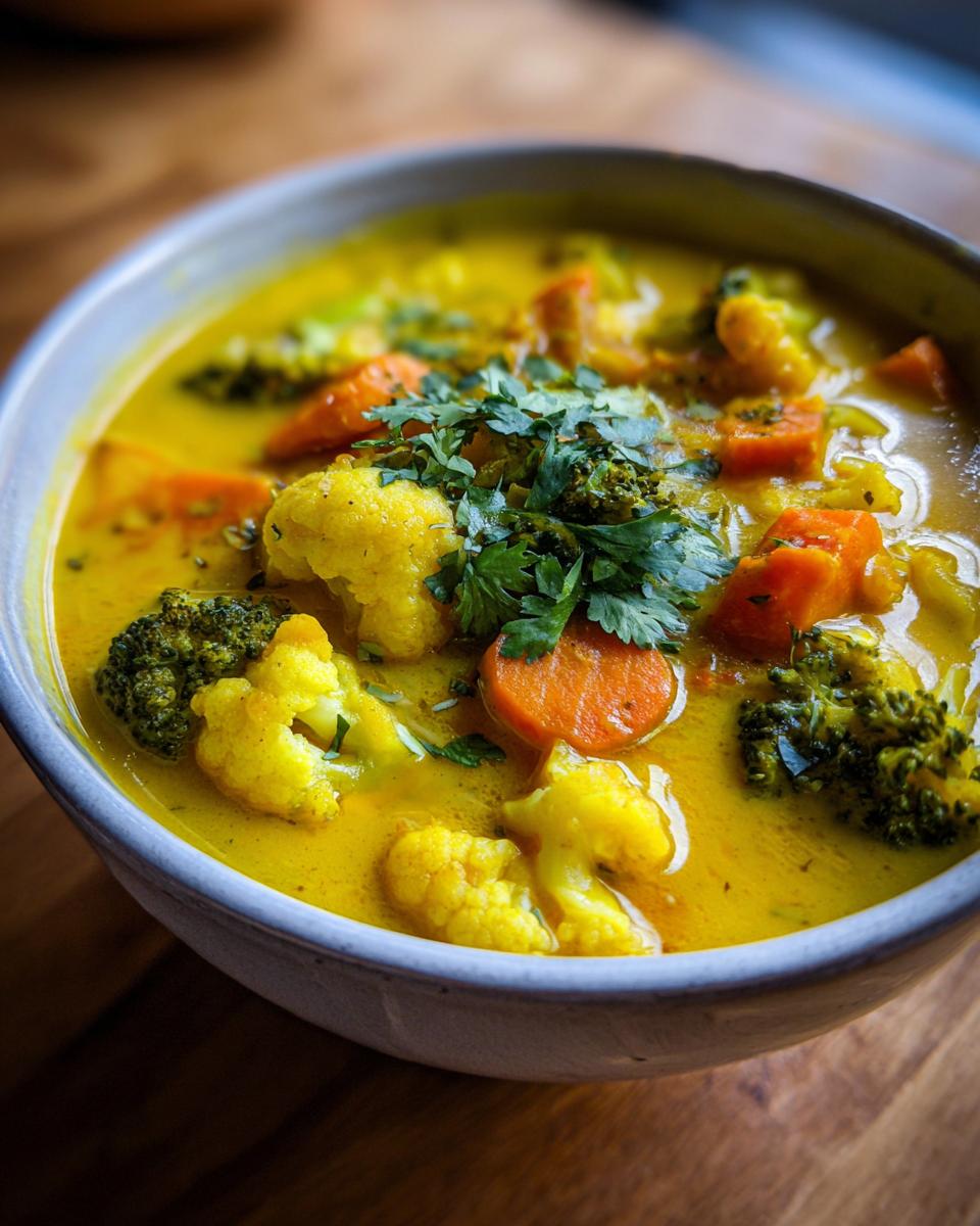 Close-up of a bowl of Immune-Boosting Turmeric Veggie Soup with vegetables and herbs.