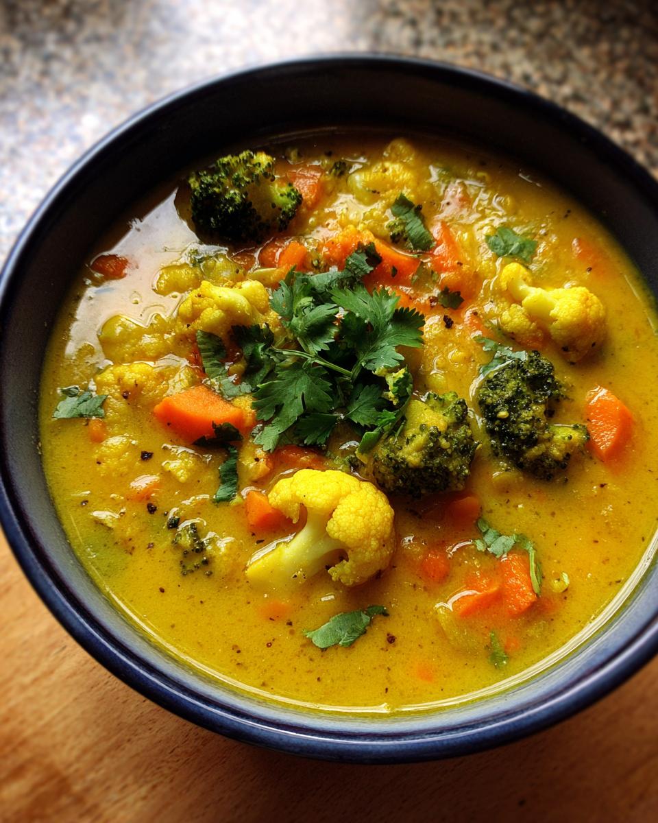 Close-up of a bowl of Immune-Boosting Turmeric Veggie Soup with broccoli, cauliflower, and carrots.
