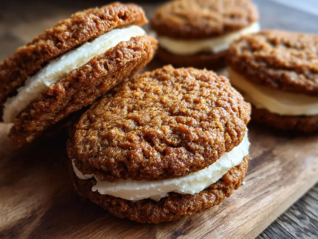 Close-up of Incredible Gingerbread Oatmeal Cream Pies with creamy filling on a wooden board.