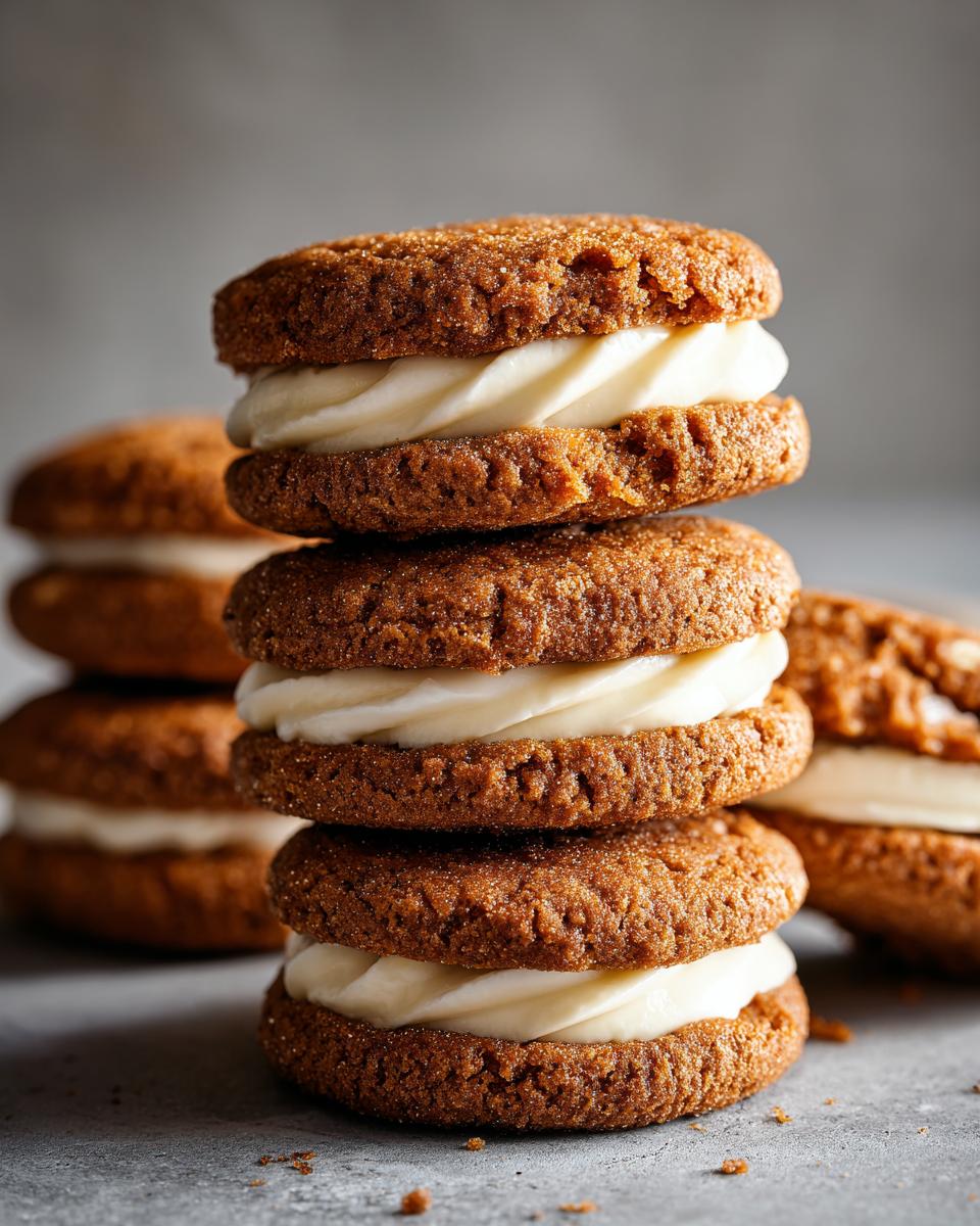 A stack of Incredible Gingerbread Oatmeal Cream Pies with creamy filling, showcasing their texture and richness.