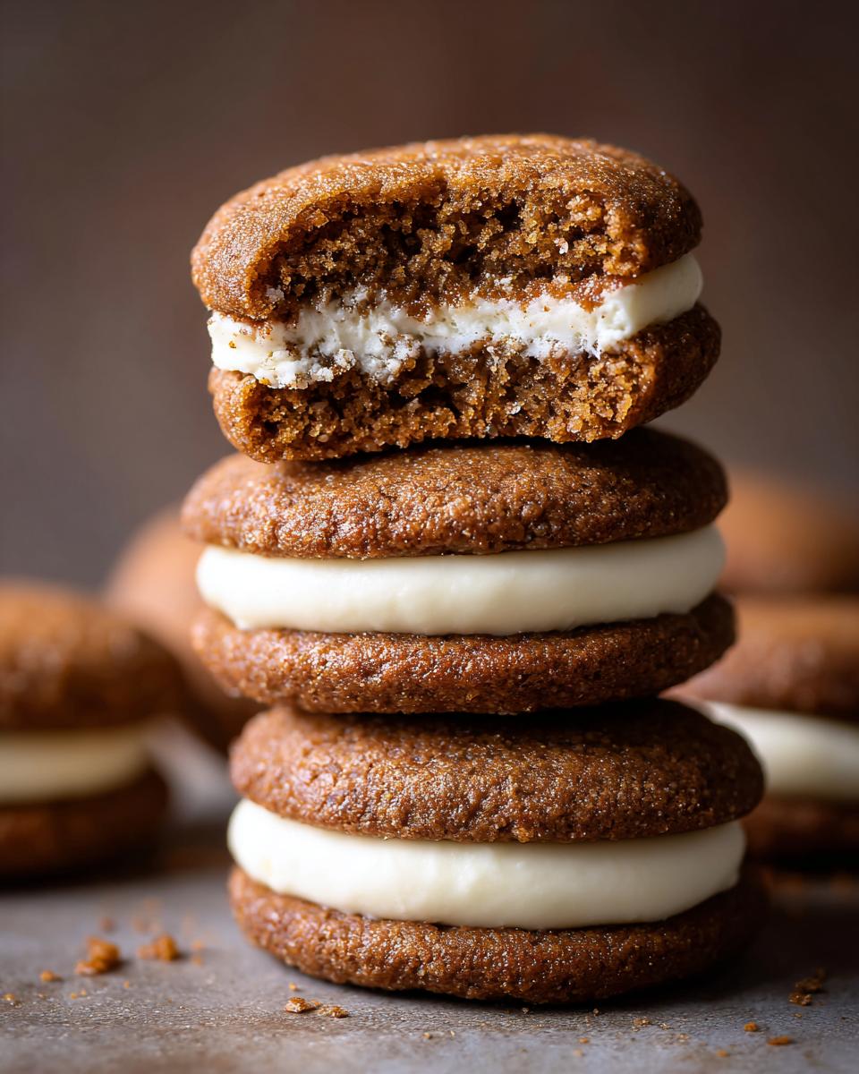 A stack of Incredible Gingerbread Oatmeal Cream Pies, with one bitten into, revealing the creamy filling.